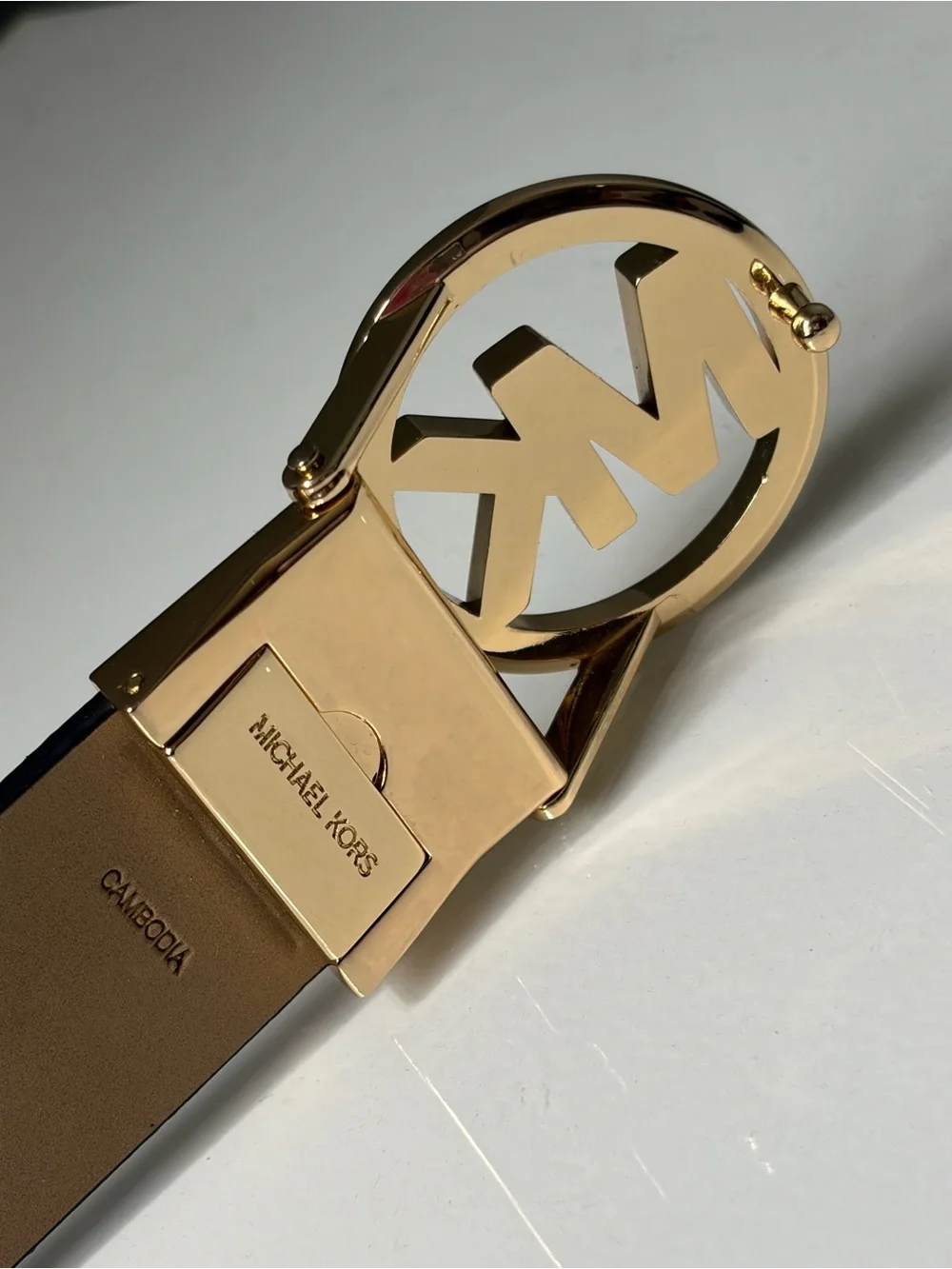 Michael Kors Gold MK Buckle All over Print Belt & Silver Buckle Solid Black Belt